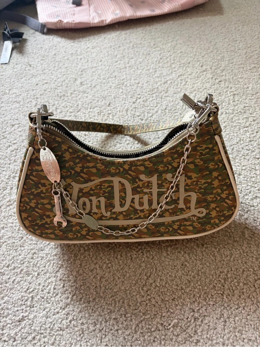 Von Dutch Green Camo Mini Shoulder Bag with Silver Chain Accents